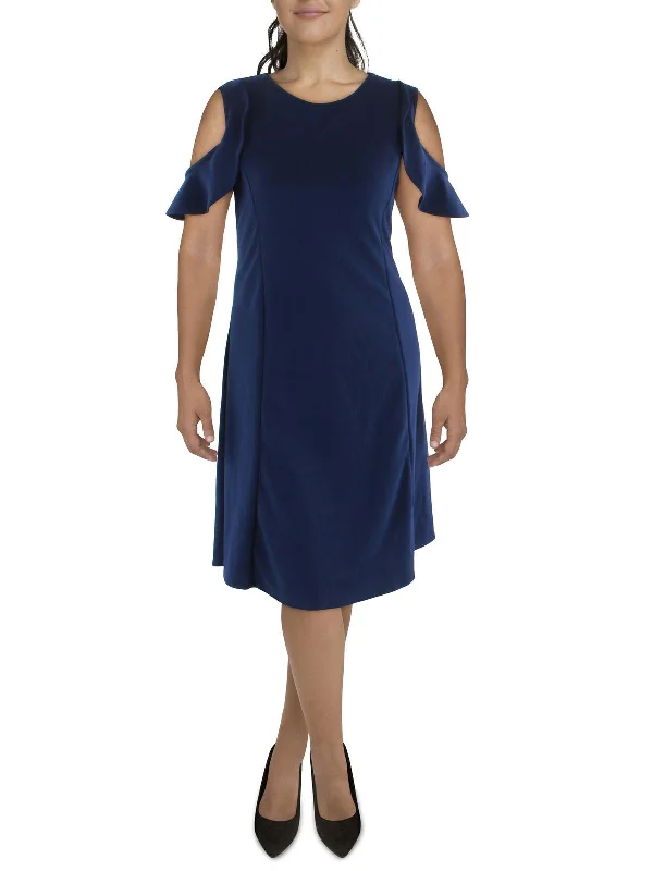 Plus Womens Flutter Sleeves Crewneck Fit & Flare Dress