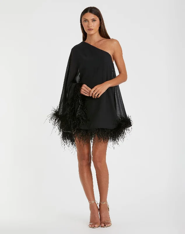 Black One Shoulder Trapeze Dress with Feather Trim