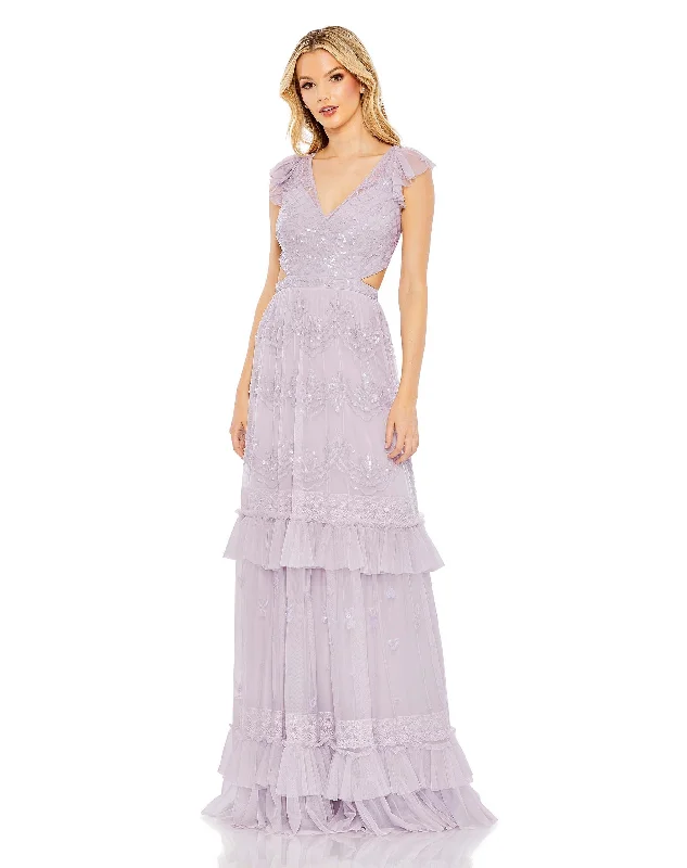 Bargain Blast chic wrap dressSequined Rufffled Cap Sleeve Cut Out Tiered Gown