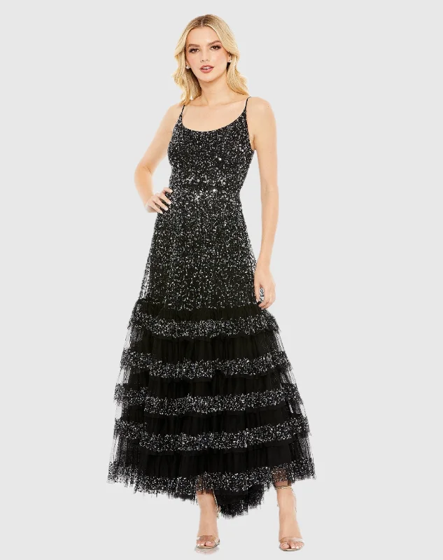 Black Embellished Scoop Neck Tiered Gown - FINAL SALE