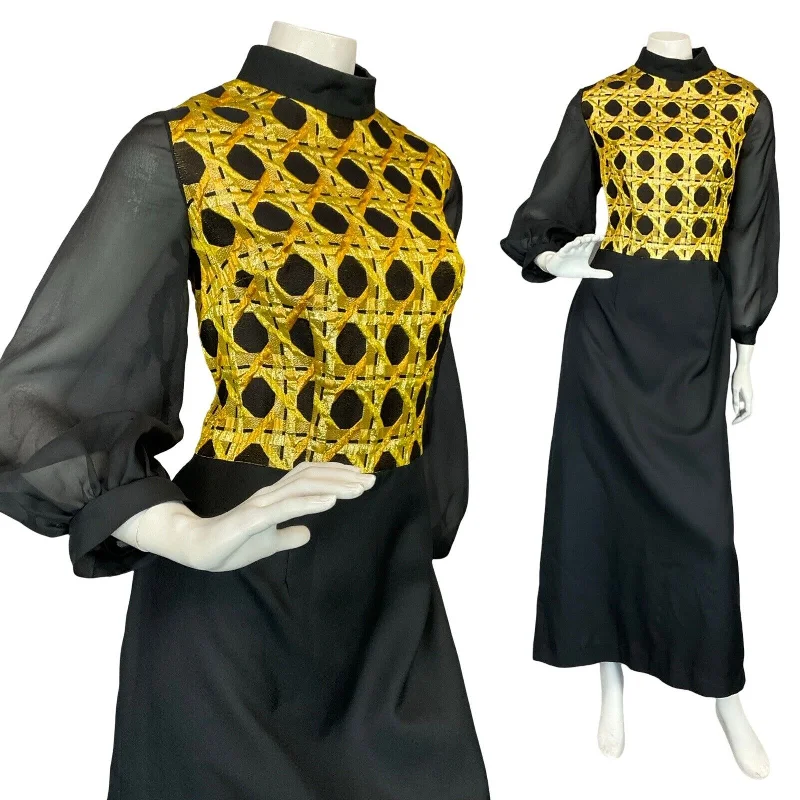 Great Deals VTG 60S 70S BLACK GOLD MESH BALLOON SLEEVE GEOMETRIC PARTY EVENING MAXI DRESS 14