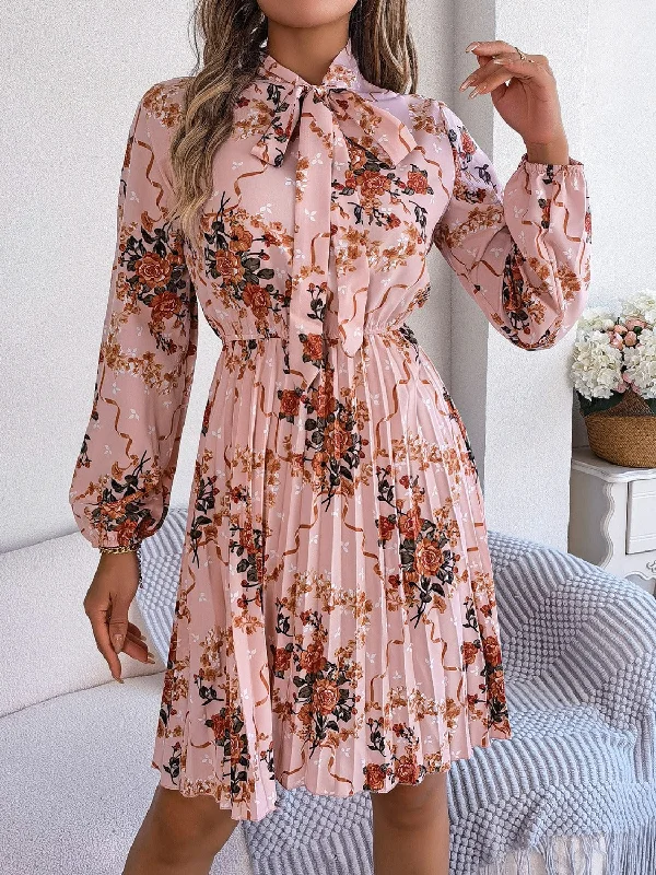 Flash Sale fitted cocktail dressPleated Printed Tie Neck Long Sleeve Dress