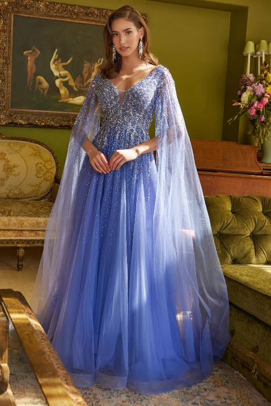 Act Fast statement dressLong A Line Beaded Sequin Cape Sleeve Formal Dress
