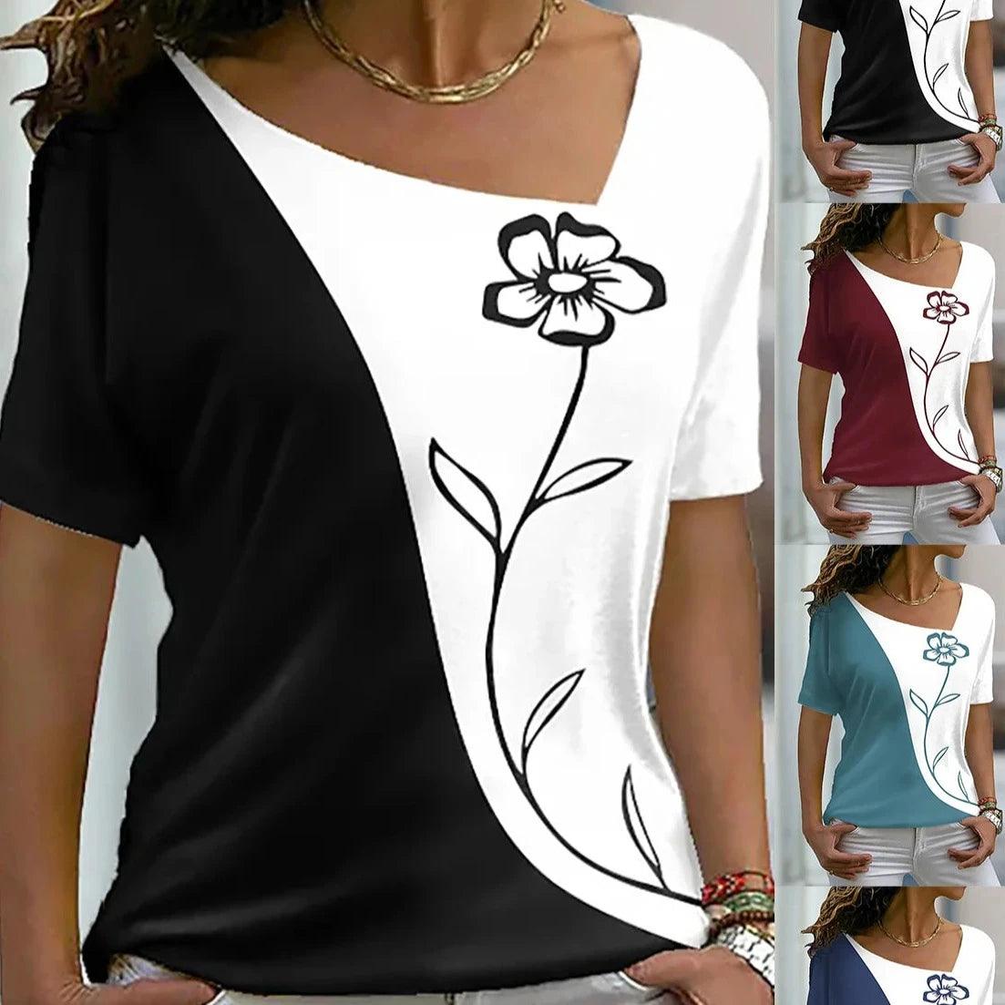 Women's Floral V Neck Basic Tops Short Sleeve T-shirt  XS-8XL/3D Printing