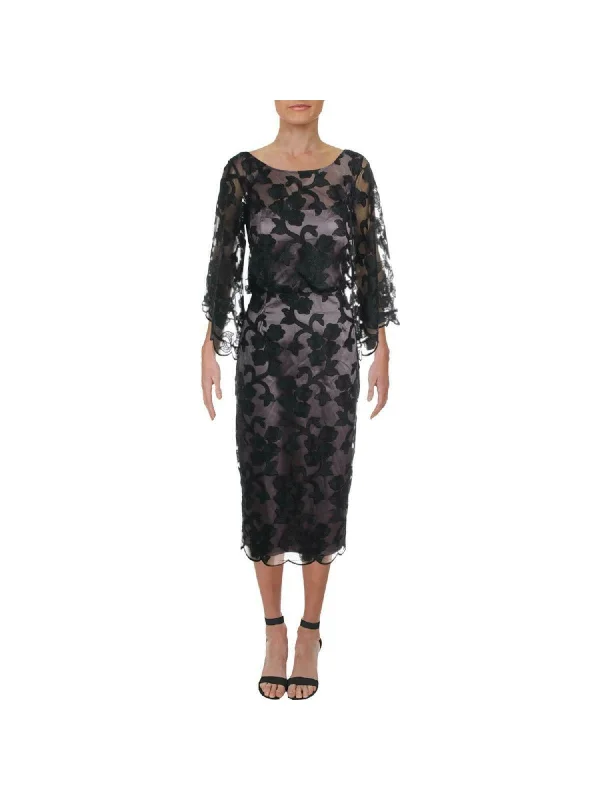 Price Drop JS COLLECTION Womens Embellished Sheer Floral Bell Sleeve Scoop Neck Below The Knee Party Drop Waist Dress