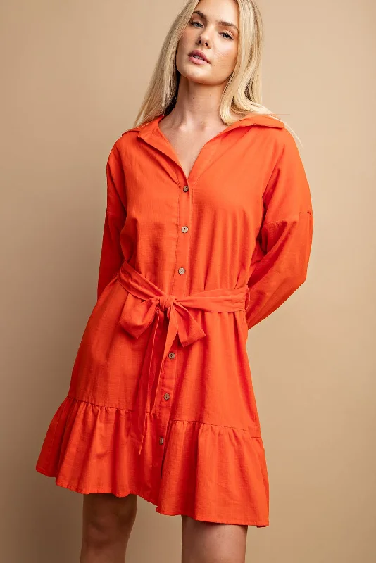 Big Discounts fitted dressBUTTON DOWN RUFFLED HEM DRESS W/BELT