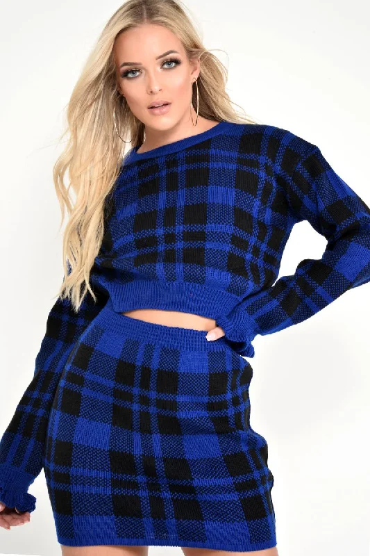 Sneak Peek Sale chic pullover sweatshirtBlue Check Frill Cuff Knit Jumper - Lanelle
