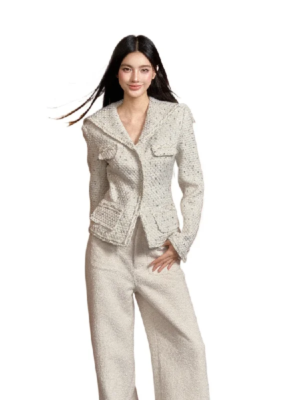 Fantastic Deals long-sleeve winter jacketNavy Collar White Tweed Jacket