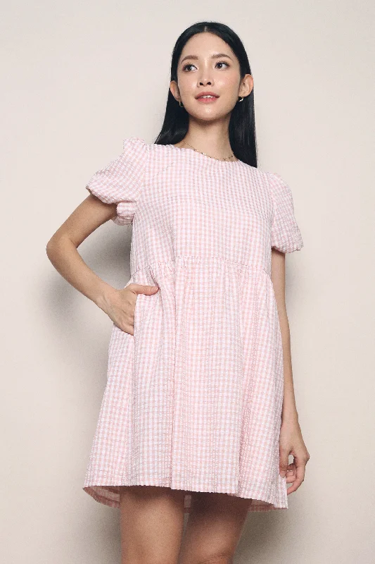 Bargain Bin Sue Checkered Babydoll Dress Peach