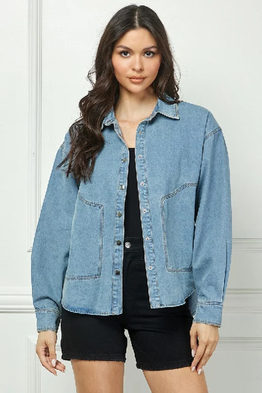 Daily Specials casual sports coatDENIM BLUE COLLARED LONG SLEEVES BUTTON DOWN SHACKET TOP AVB10588N