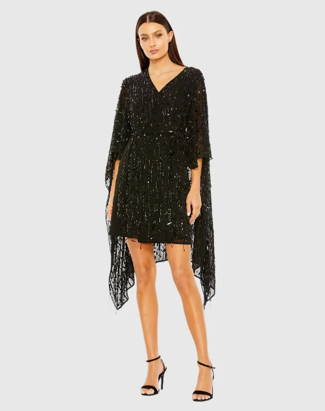 Black Cape Back Fringe Beaded Robe Dress