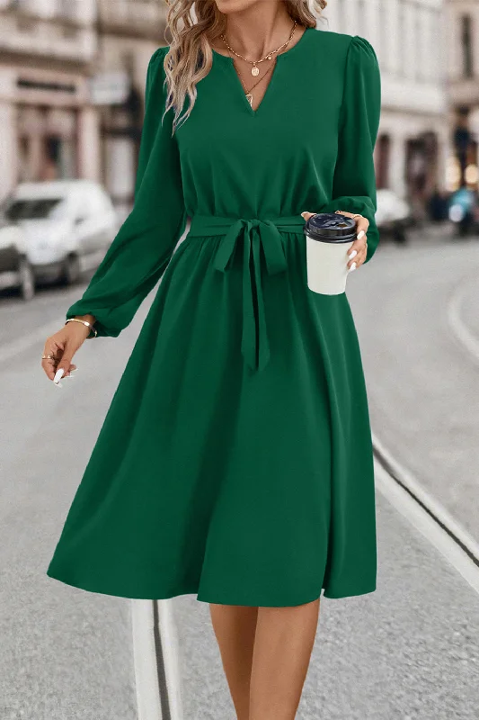 Savings Bonanza winter dressTie Waist Notched Neck Long Sleeve Dress