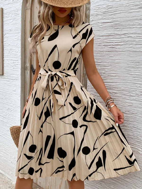 Special Price sleeveless dressTied Pleated Printed Cap Sleeve Dress