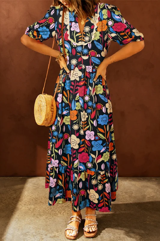 Sale Event romantic dressPrinted V-Neck Half Sleeve Midi Dress