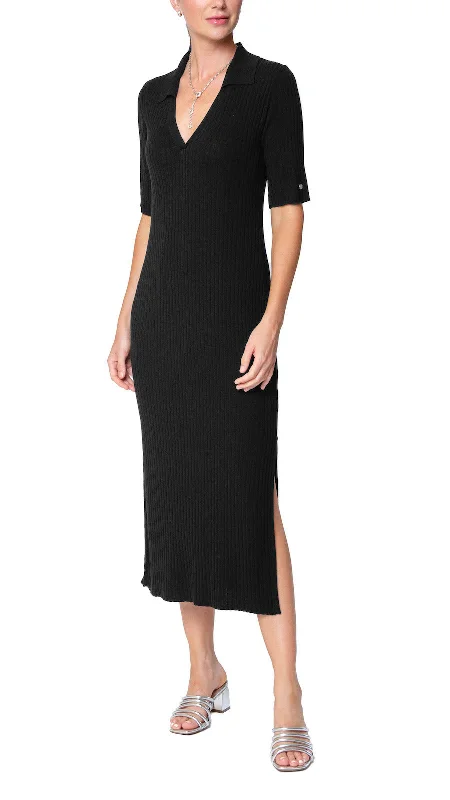 Don’t Miss Out comfy maxi dressGillian Rib Knit Midi Polo Dress; Black