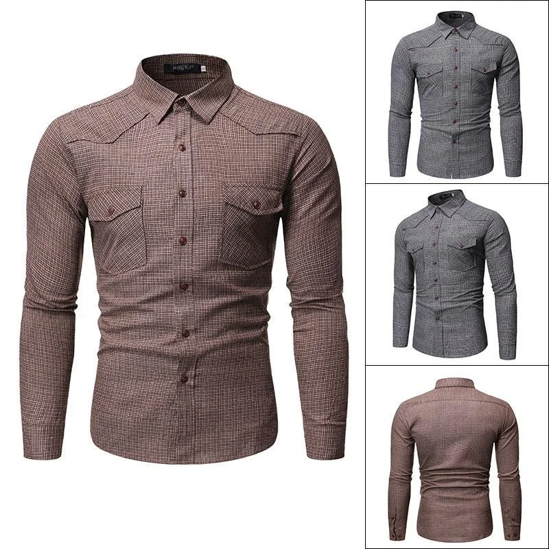 Casual Check Lapel Men's Double Pocket Slim Large Size Long Sleeve Shirt