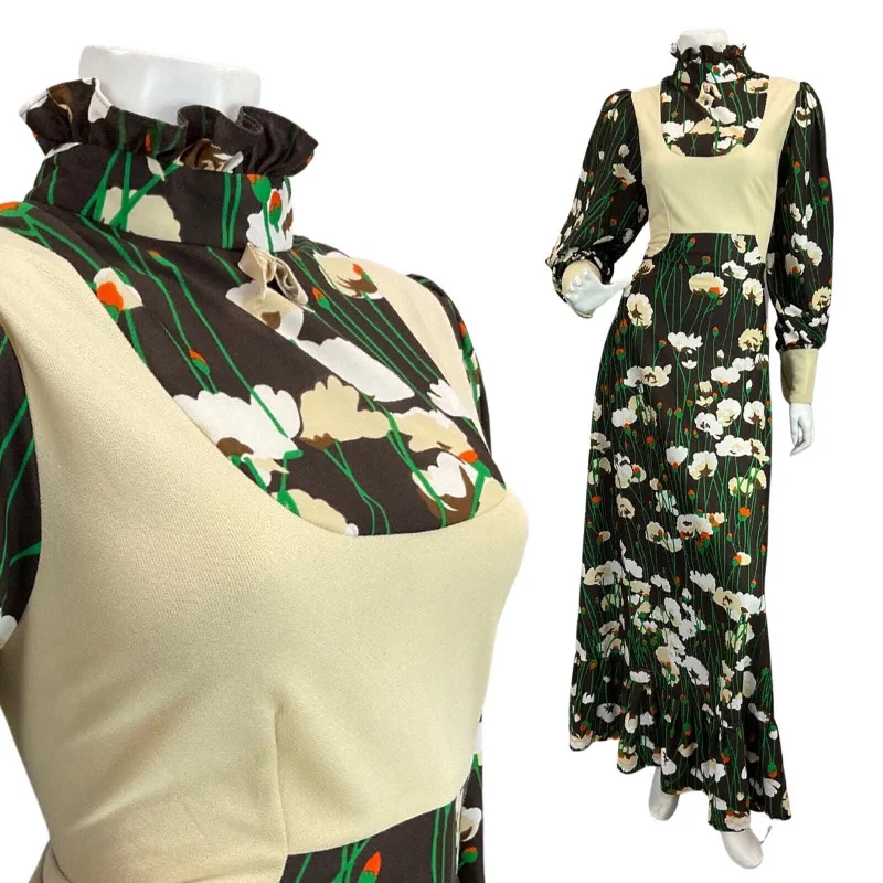Can't Be Beat VINTAGE 60s 70s BROWN CREAM ORANGE FLORAL BOHO MOD FOLK PRAIRIE MAXI DRESS 12 14