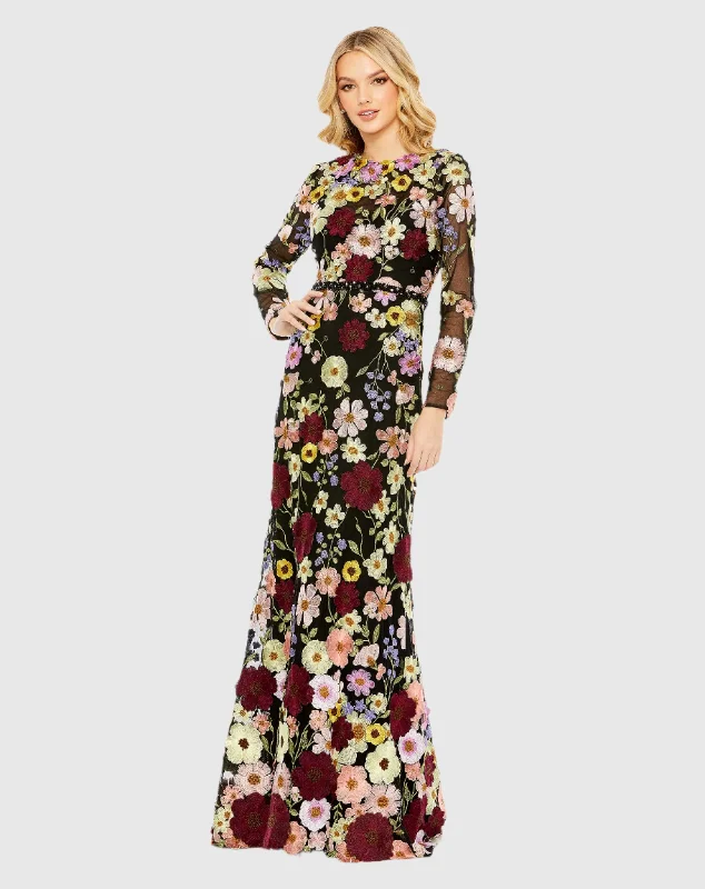 Embroidered Applique High Neck Long Sleeve Trumpet Gown - FINAL SALE