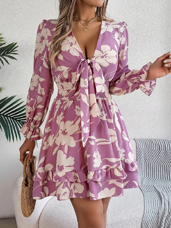 Factory Direct Sale chic dressTied Ruffled Printed Long Sleeve Dress