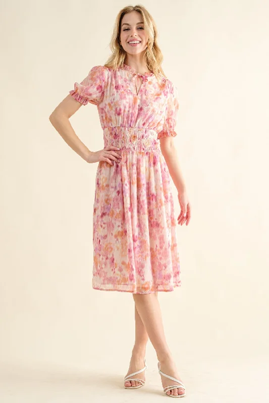 Savings Galore v-neck dressAnd The Why Full Size Smocked Waist Printed Midi Dress