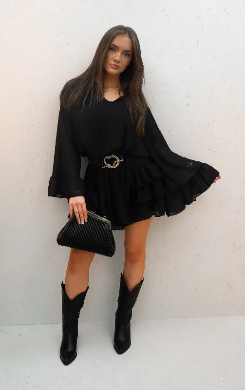 Cara Black Frill Layered Dress