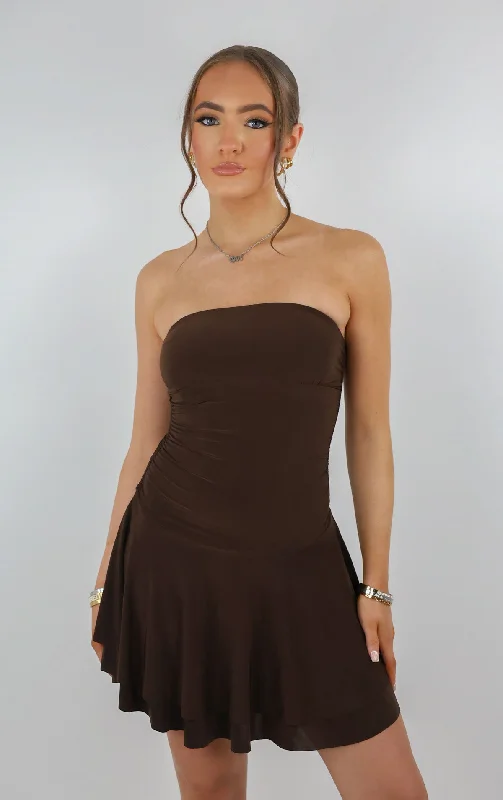 Brown Bandeau Ruched Skater Mini Dress