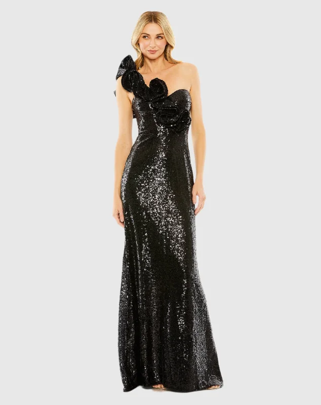 Black Sequin Ruffled One Shoulder Gown