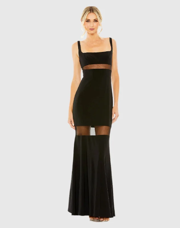 Black Sheer Mesh Panel Detail Column Gown