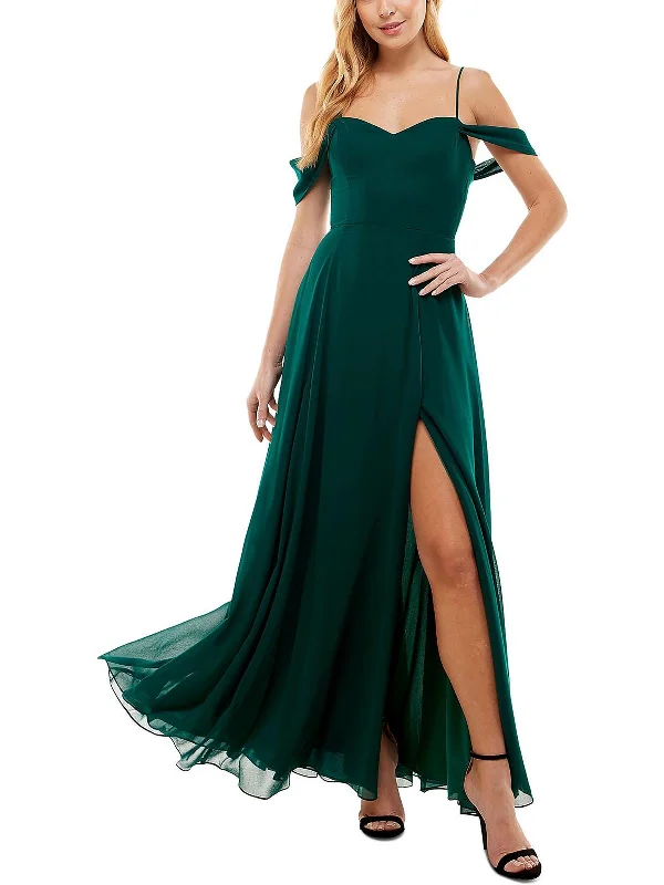 Juniors Womens Off-The-Shoulder Lace Up Evening Dress