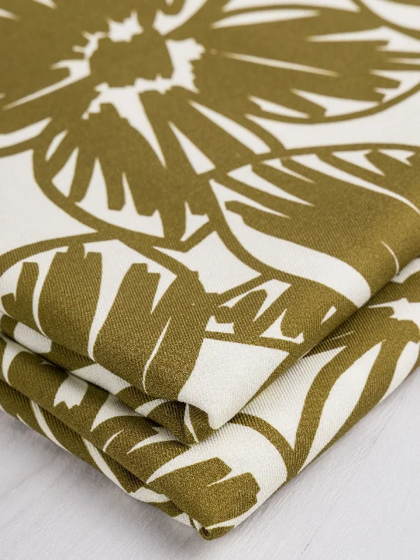 Large Floral Scribble Viscose Twill - Golden Olive + Cream