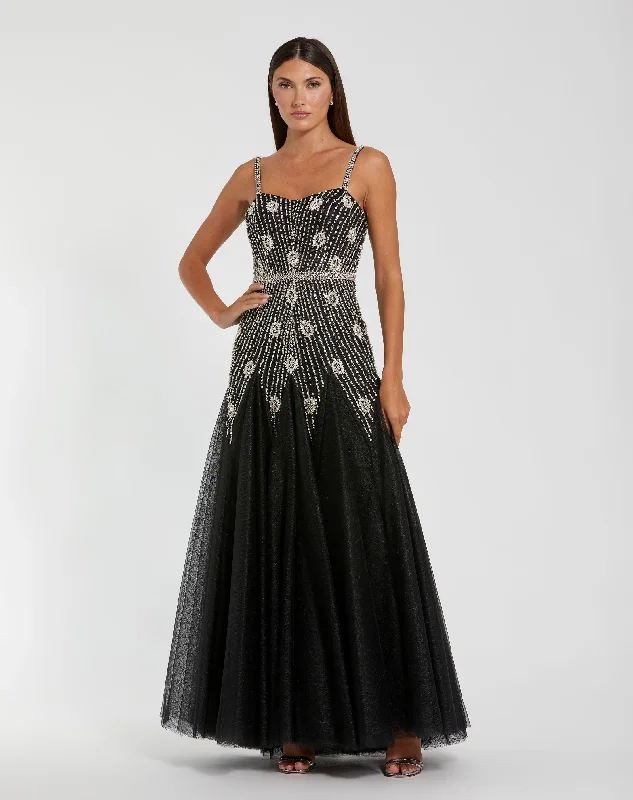 Black Slim Strap Embellished Bustier Gown