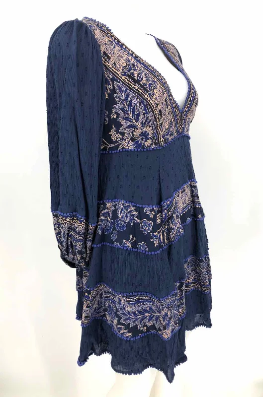 FREE PEOPLE Navy Beige Multi Print Longsleeve Size SMALL (S) Dress