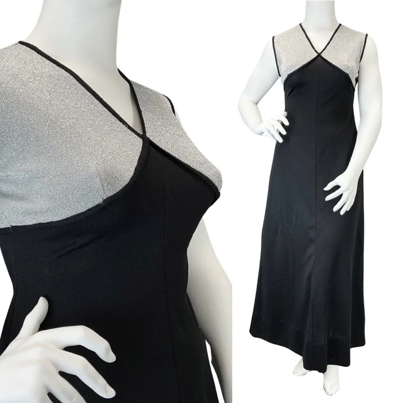 Special Offer VINTAGE 60s 70s BLACK SILVER DISCO PARTY SLEEVELESS MAXI DRESS 14