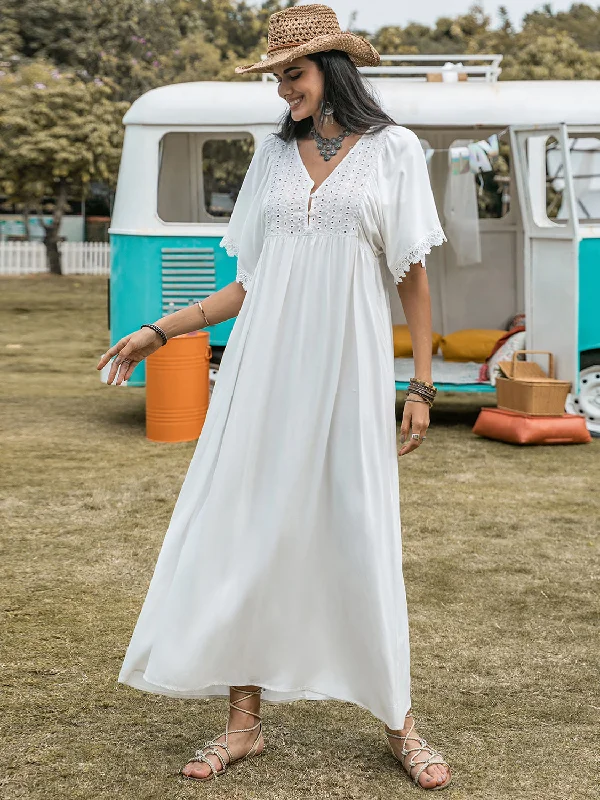 Final Sale flowy maxi dressLace Detail Eyelet V-Neck Half Sleeve Dress