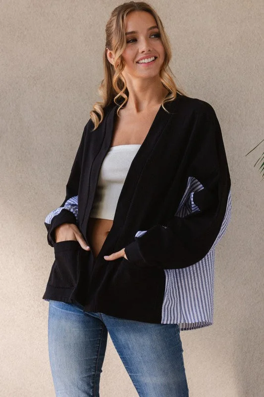 Super Sale stylish coatBLACK STRIPE CONTRAST LONG SLEEVES CARDIGAN JC80182