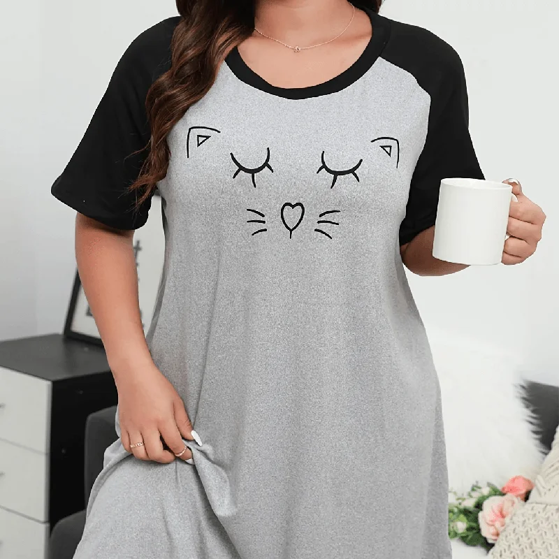 Women's Plus Cartoon Cat Print Raglan Short Sleeve