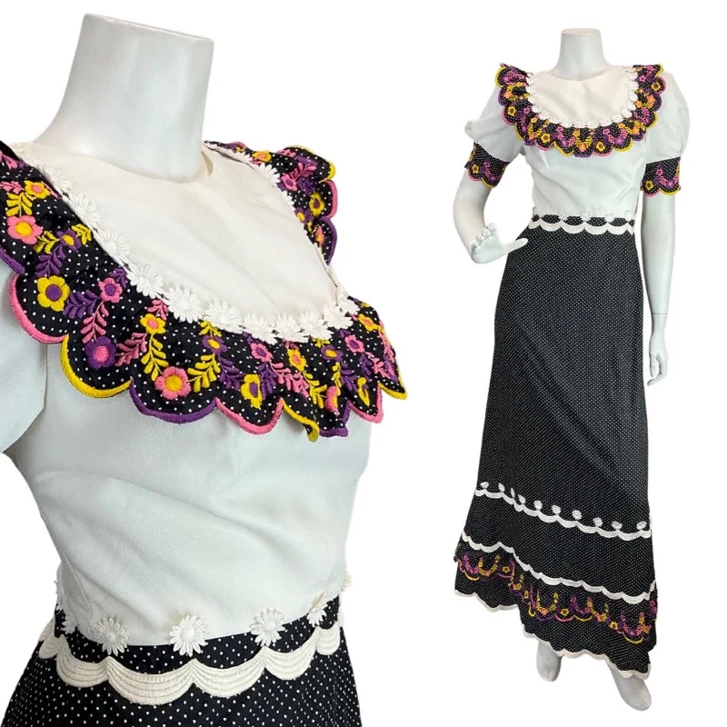 Crazy Deals VTG 60s 70s BLACK WHITE PINK POLKA-DOT FLORAL EMBROIDERED BOHO MOD MAXI DRESS 8 Crazy Deals VTG 60s 70s BLACK WHITE PINK POLKA-DOT FLORAL EMBROIDERED BOHO MOD MAXI DRESS 8