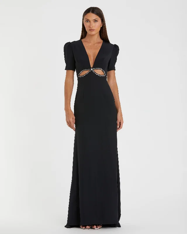 Black Plunge Neck Puff Sleeve Cut Out Gown