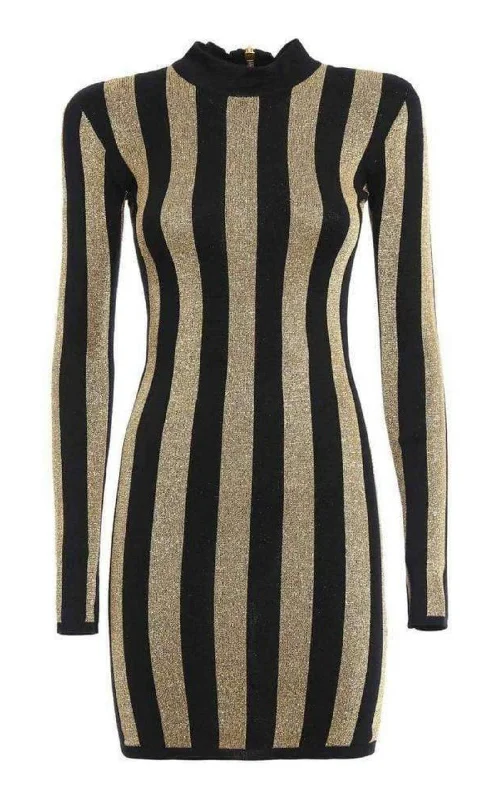 Limited Time off-shoulder dressLurex Gold Black Striped Pattern Mini Dress