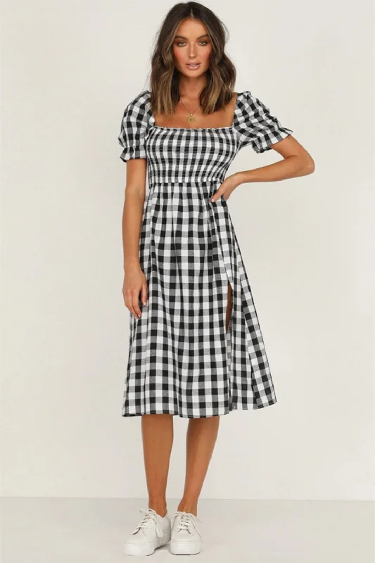 Discount Days pleated maxi dressFull Size Slit Plaid Short Sleeve Midi Dress