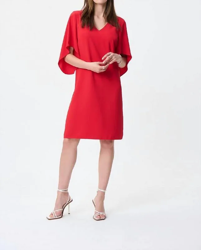 Draped Sleeve Shift Dress In Magma Red