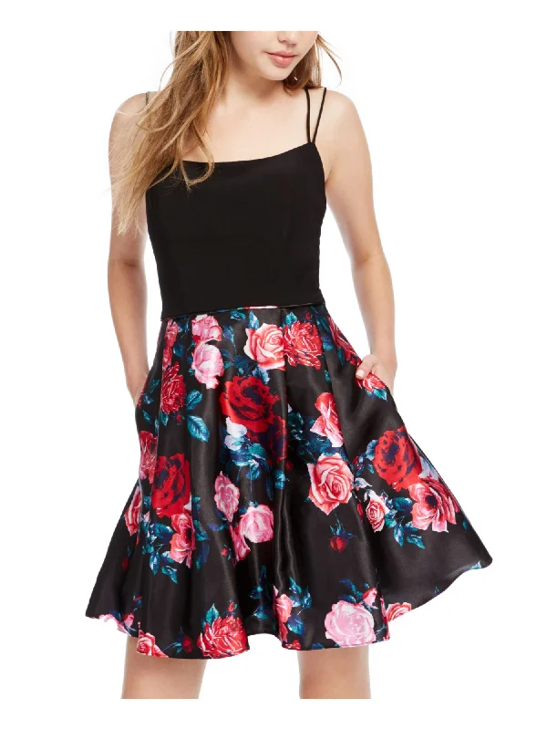 Overstock Sale BLONDIE Womens Pockets Floral Spaghetti Strap Scoop Neck Short Party Fit + Flare Dress