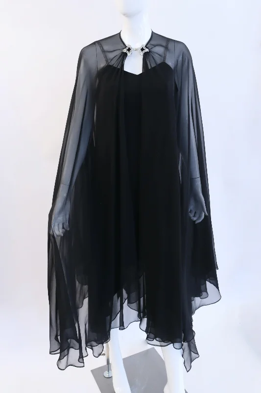 Vintage 70's ADOLFO Silk Chiffon Rhinestone Dress With Cape