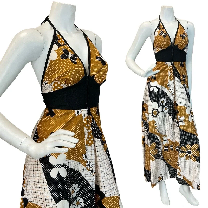 Savings Spectacular VTG 60S 70S BROWN BEIGE BLAC RETRO FLORAL PATTERN HALTERNECK MAXI DRESS 4 6 Savings Spectacular VTG 60S 70S BROWN BEIGE BLAC RETRO FLORAL PATTERN HALTERNECK MAXI DRESS 4 6