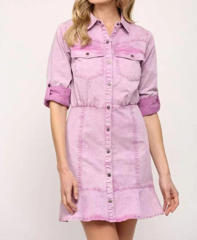 Washed Ruffle Hem Shirt Dress In Orchid