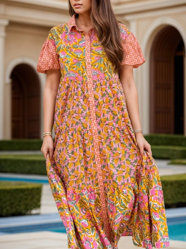 Online Only office dressPrinted Collared Neck Short Sleeve Midi Dress