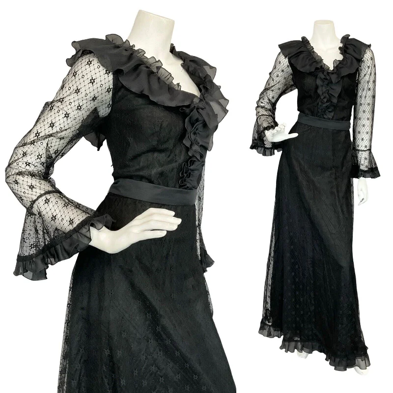 Major Savings VTG 70S FRILLY V NECK BLACK LACE FLUTE SLEEVE MAXI EVENING PRAIRIE DRESS 10 12