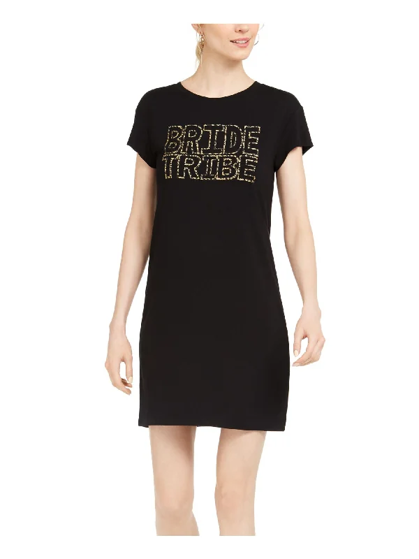 Markdowns ADRIANNA PAPELL Womens Black Glitter Printed Short Sleeve Crew Neck Mini Shift Dress