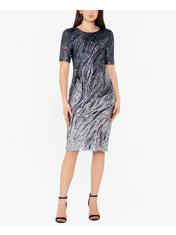 Deep Discounts BETSY & ADAM Womens Sequined Ombre Short Sleeve Crew Neck Knee Length Evening Sheath Dress