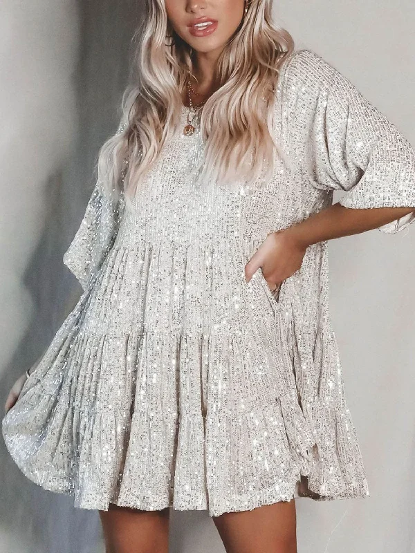 Deal of the Day tiered dressFull Size Sequin Round Neck Half Sleeve Mini Dress